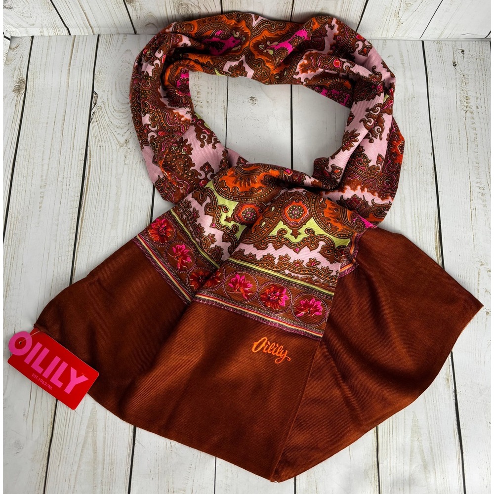 Oilily Paisley Scarf Wrap Brown Pink Orange Gold Embroidery Womens 2029